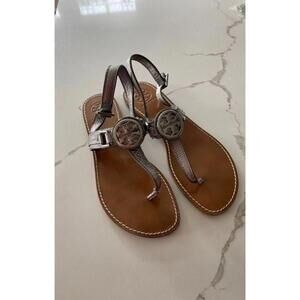 Tory Burch Metallic gun metal and Tan Sandals